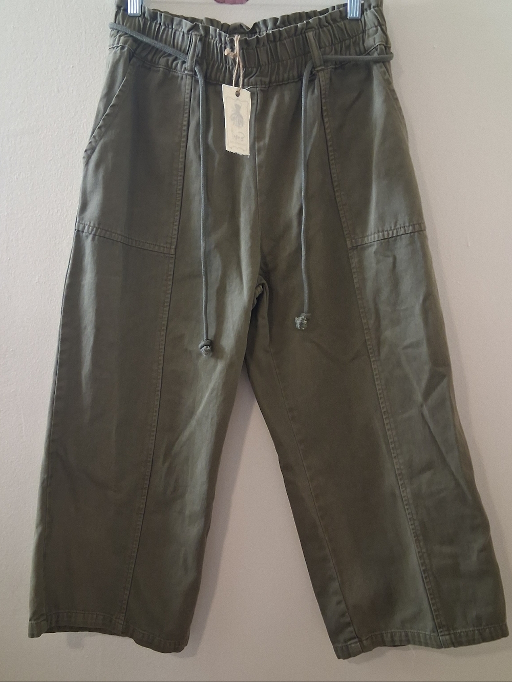 Easel Wide Leg Capri Cropped Pants Medium Olive Green Boho Bohemian